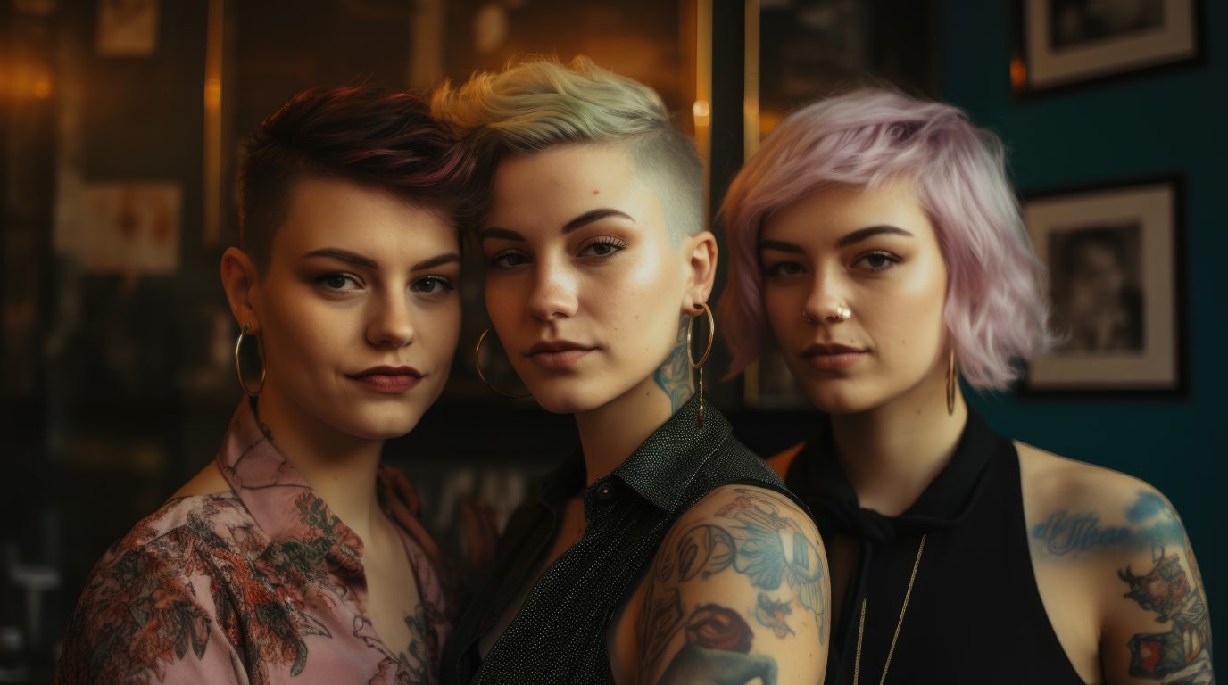 Three adults with expressive hairstyles and personal styles posing together indoors