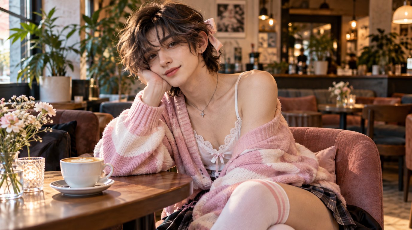 An adult in a pink outfit sitting at a cafe table beside a cup of coffee
