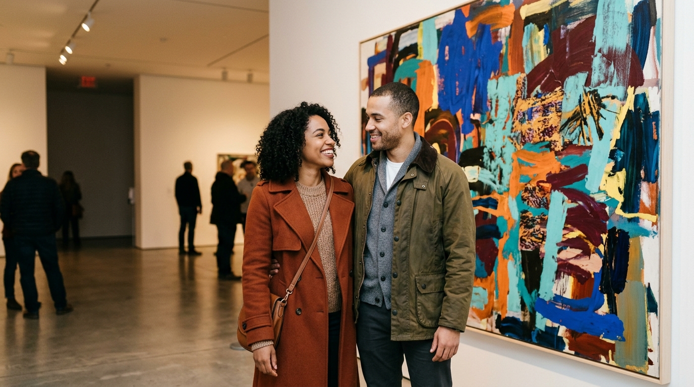Two adult dating partners admiring a modern abstract art canvas in a brightly lit museum gallery