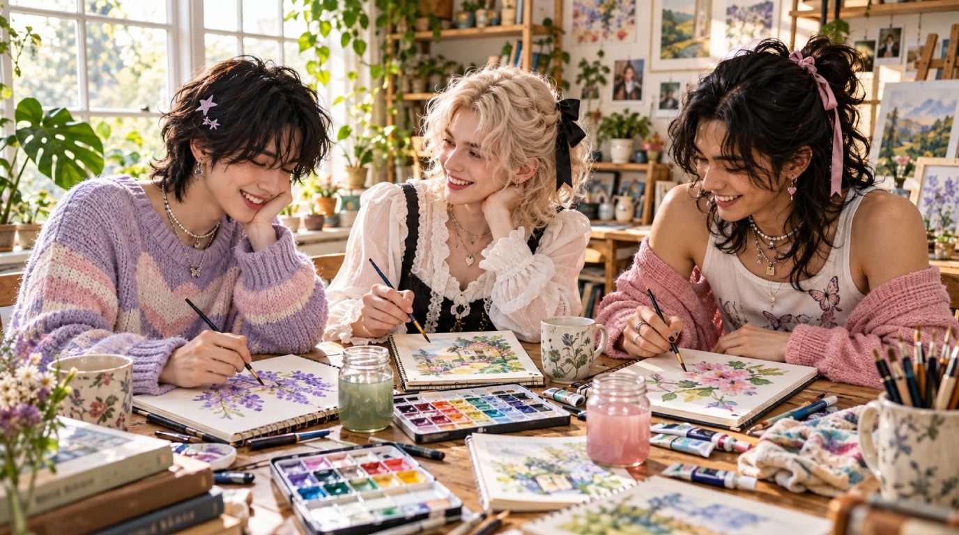 A group of diverse adult friends enjoying watercolor painting together around a wooden craft table