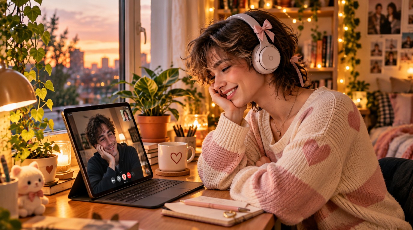 An adult wearing headphones during a video call with a companion on a laptop
