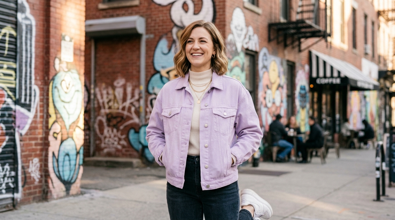 A stylish adult individual smiling naturally in a pastel lavender jacket during an outdoor portrait shoot