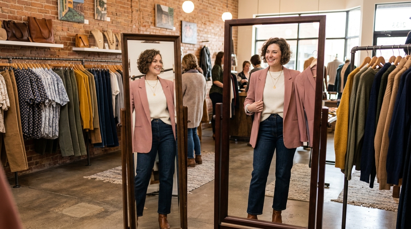 A stylish adult individual looking into a full-length mirror while admiring a chic pastel jacket in a clothing boutique