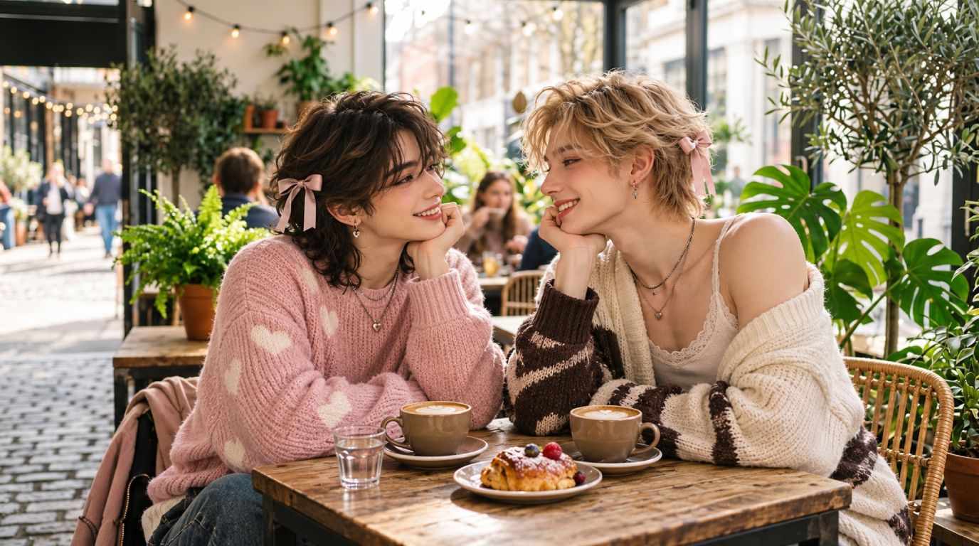Two stylish adult friends enjoying a warm conversation over coffee in a bright sunlit cafe