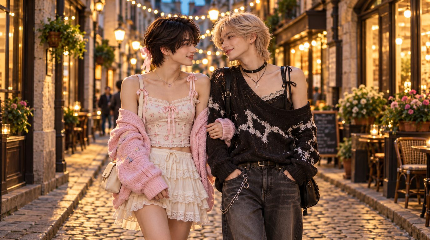 Two adult friends walking down a warm city street decorated with gentle string lights at twilight