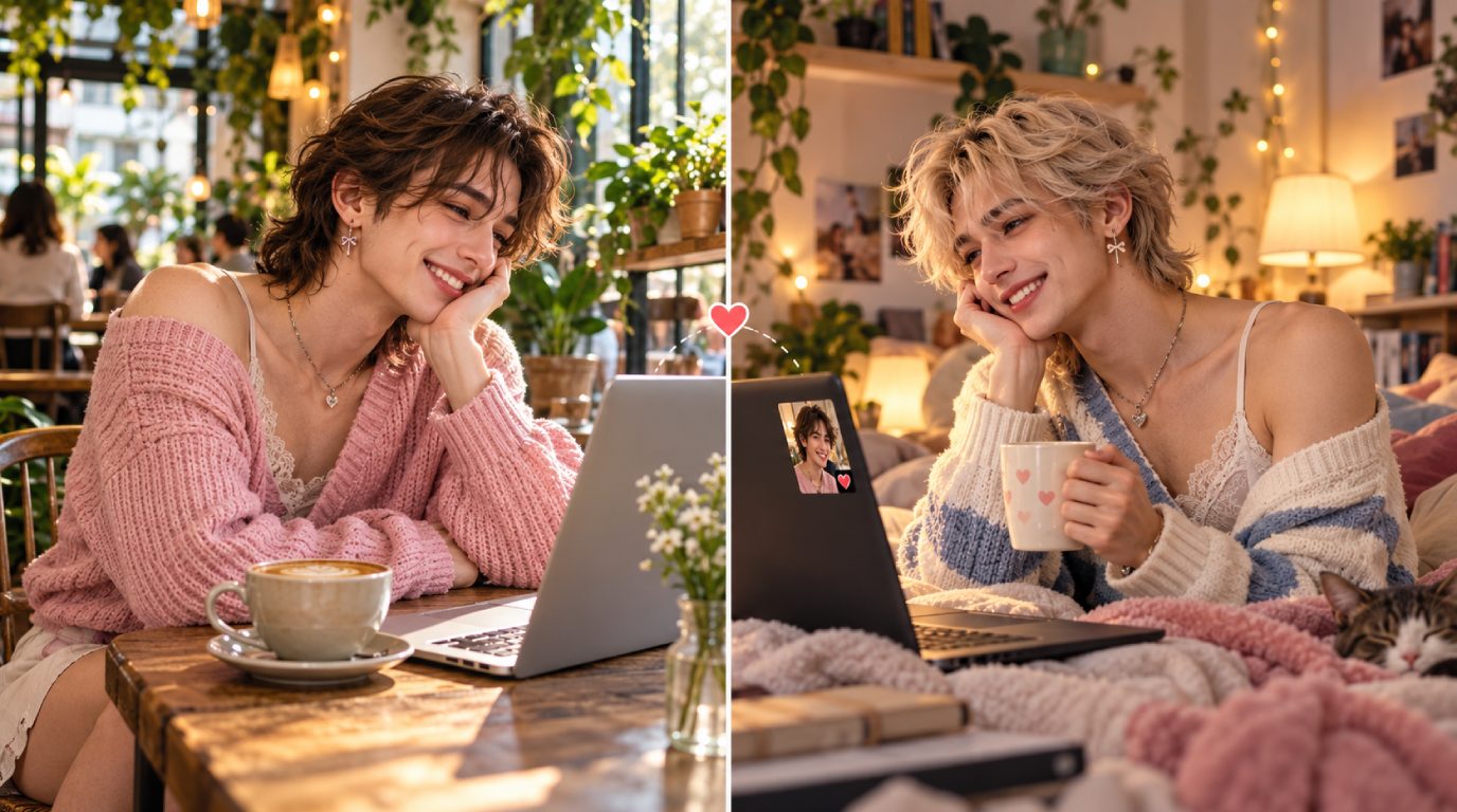 Two adults chatting across a cafe table with a laptop and warm drinks