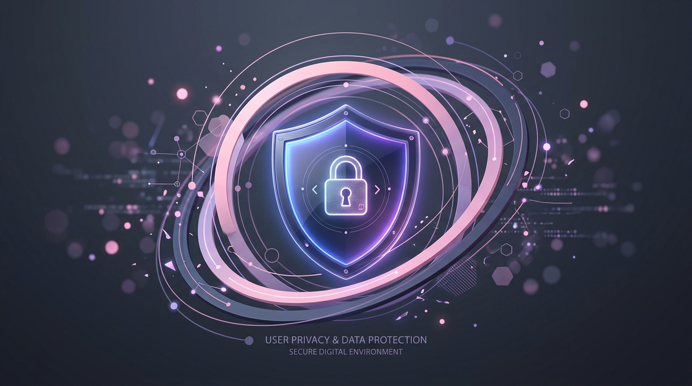 A modern digital illustration representing online privacy, security shield, and data protection